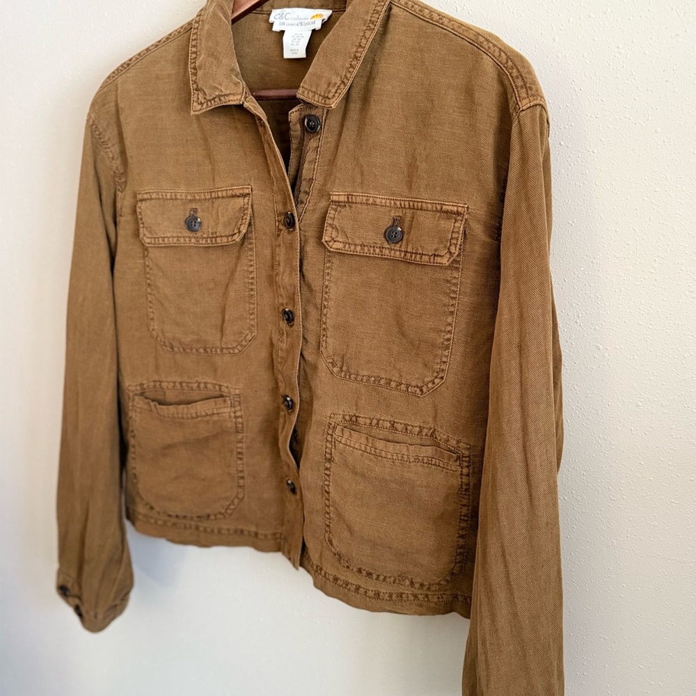 C&C California Cropped Utility Jacket Linen Blend Camel Brown Button Front - Picture 4 of 8